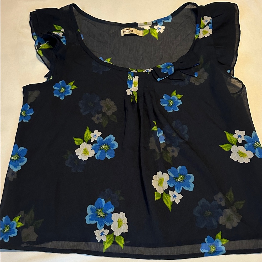 Hollister Sheer Top with Blue and Green Floral Design Size Large